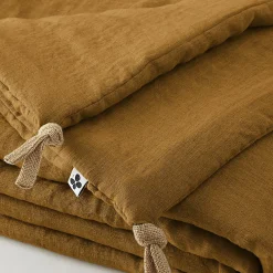 Meubletmoi Édredon 90 x 200 cm lin lavé caramel avec 4 nouettes en jute - LUISA* Boutis, Couvre-Lit, Édredon