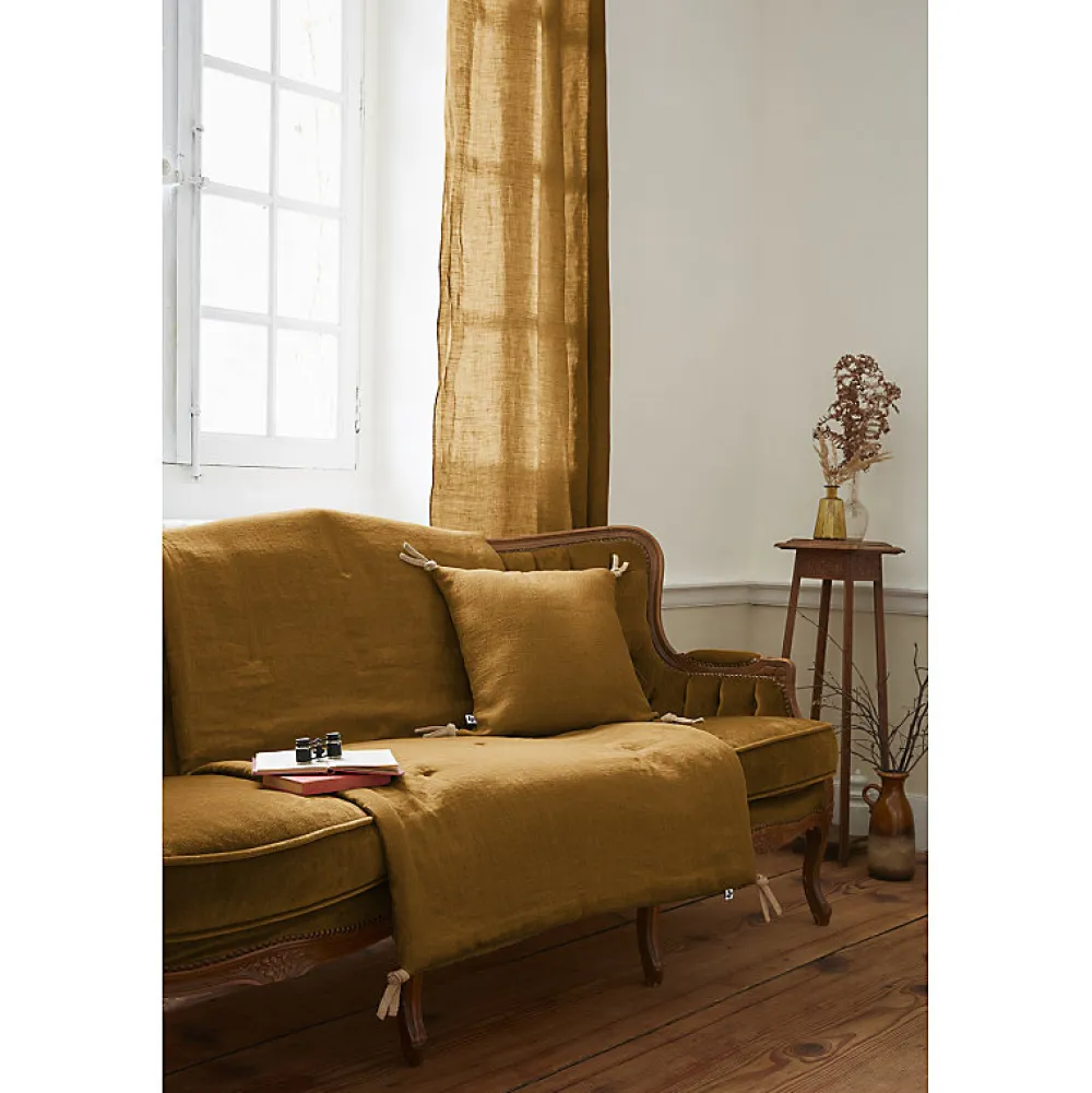 Meubletmoi Édredon 90 x 200 cm lin lavé caramel avec 4 nouettes en jute - LUISA* Boutis, Couvre-Lit, Édredon