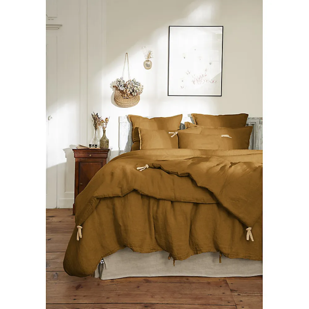 Meubletmoi Édredon 90 x 200 cm lin lavé caramel avec 4 nouettes en jute - LUISA* Boutis, Couvre-Lit, Édredon