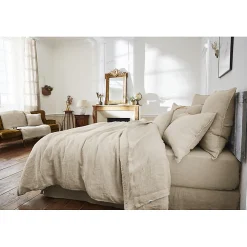 Édredon 150 x 150 cm lin lavé sable avec 4 nouettes en jute - LUISA><noscript><img width=