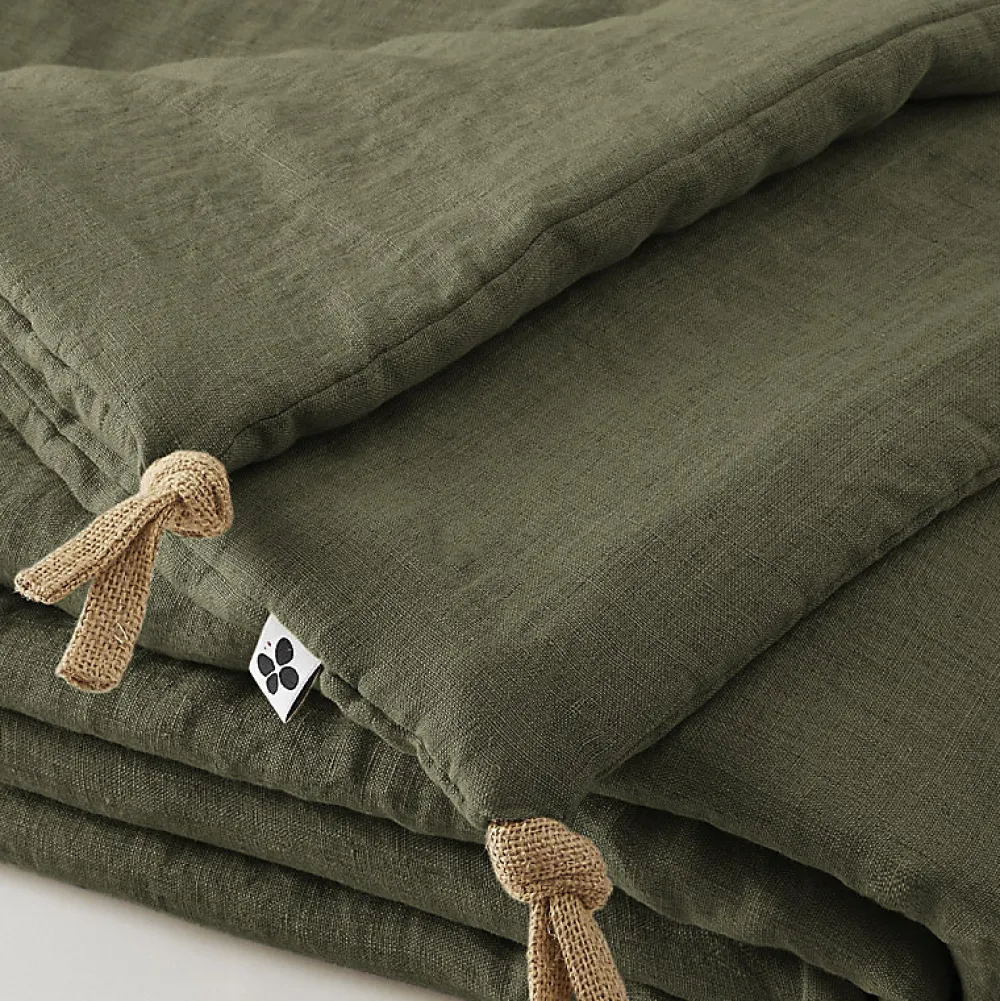 Édredon 150 x 150 cm lin lavé vert avec 4 nouettes en jute - LUISA>Meubletmoi Sale