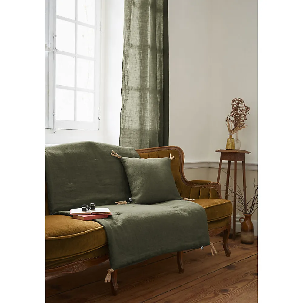 Édredon 90 x 200 cm lin lavé vert avec 4 nouettes en jute - LUISA>Meubletmoi Discount
