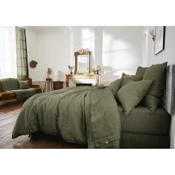 Édredon 90 x 200 cm lin lavé vert avec 4 nouettes en jute - LUISA><noscript><img width=