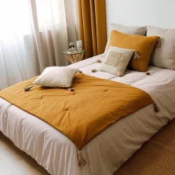 Decostars Édredon Panama 90x190 cm pompons jute moutarde* Boutis, Couvre-Lit, Édredon