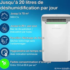 Eriksson Déshumidificateur 20 litres adapté pour chambre salon cave Dehumidifier* Déshumidificateur D'Air