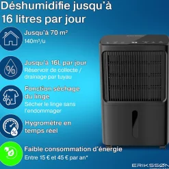Eriksson Déshumidificateur 16 litres adapté pour chambre salon cave Dehumidifier* Déshumidificateur D'Air