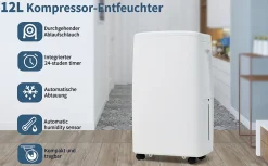 Déshumidificateur 12 L/jour pour 15 m², 3 en 1, Purificateur d'air et Sèche-linge, Réservoir 1,5 L, Timer 24 h, Écran LED><noscript><img width=