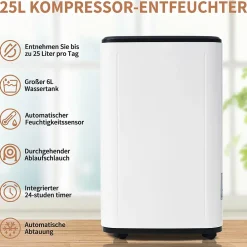 ProximaX Déshumidificateur 25 L/jour pour 26 m², 3-en-1, séchage du linge, réservoir 6 L, minuterie 24 h, écran LED* Déshumidificateur D'Air