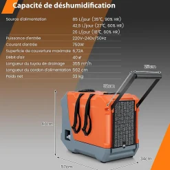 Déshumidificateur air 85 L jour Déshumidificateur Mobile avec Dégivrage Automatique Minuterie 24H Tuyau de drainage Pompe><noscript><img width=