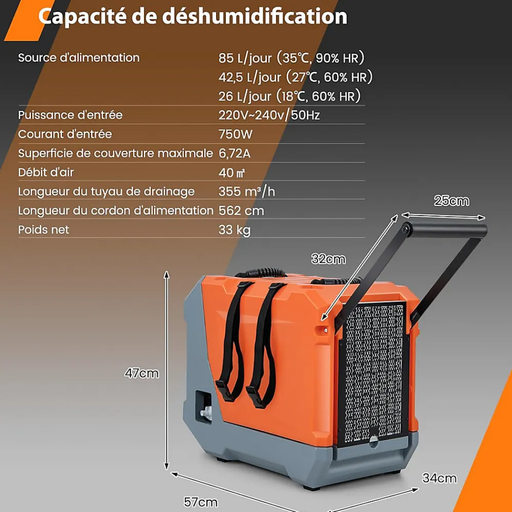 Déshumidificateur air 85 L jour Déshumidificateur Mobile avec Dégivrage Automatique Minuterie 24H Tuyau de drainage Pompe>Giantex Discount