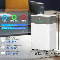 Déshumidificateur d'air 20L/jour mobile silencieux réservoir 4,5L timer 24H écran LED témoin d'humidité filtre lavable><noscript><img width=