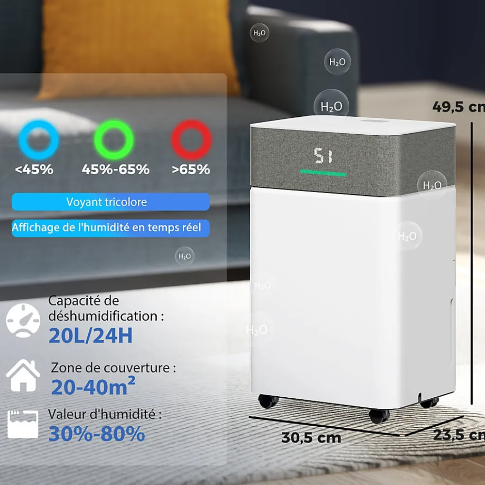 Déshumidificateur d'air 20L/jour mobile silencieux réservoir 4,5L timer 24H écran LED témoin d'humidité filtre lavable>Homcom Best