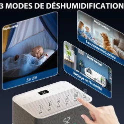 Déshumidificateur d'air 20L/jour mobile silencieux réservoir 4,5L timer 24H écran LED témoin d'humidité filtre lavable><noscript><img width=