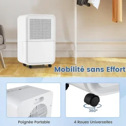 Déshumidificateur d'air 15L/Jour, Réservoir d'Eau 2,4L,avec 2 Vitesses, 4 Roulettes,pour Salon, Bureau, Salle de Bain><noscript><img width=