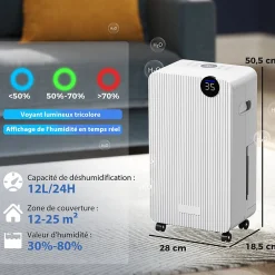 Déshumidificateur d'air 12L/jour mobile silencieux réservoir 2,1L timer 24H écran LED témoin d'humidité filtre lavable><noscript><img width=