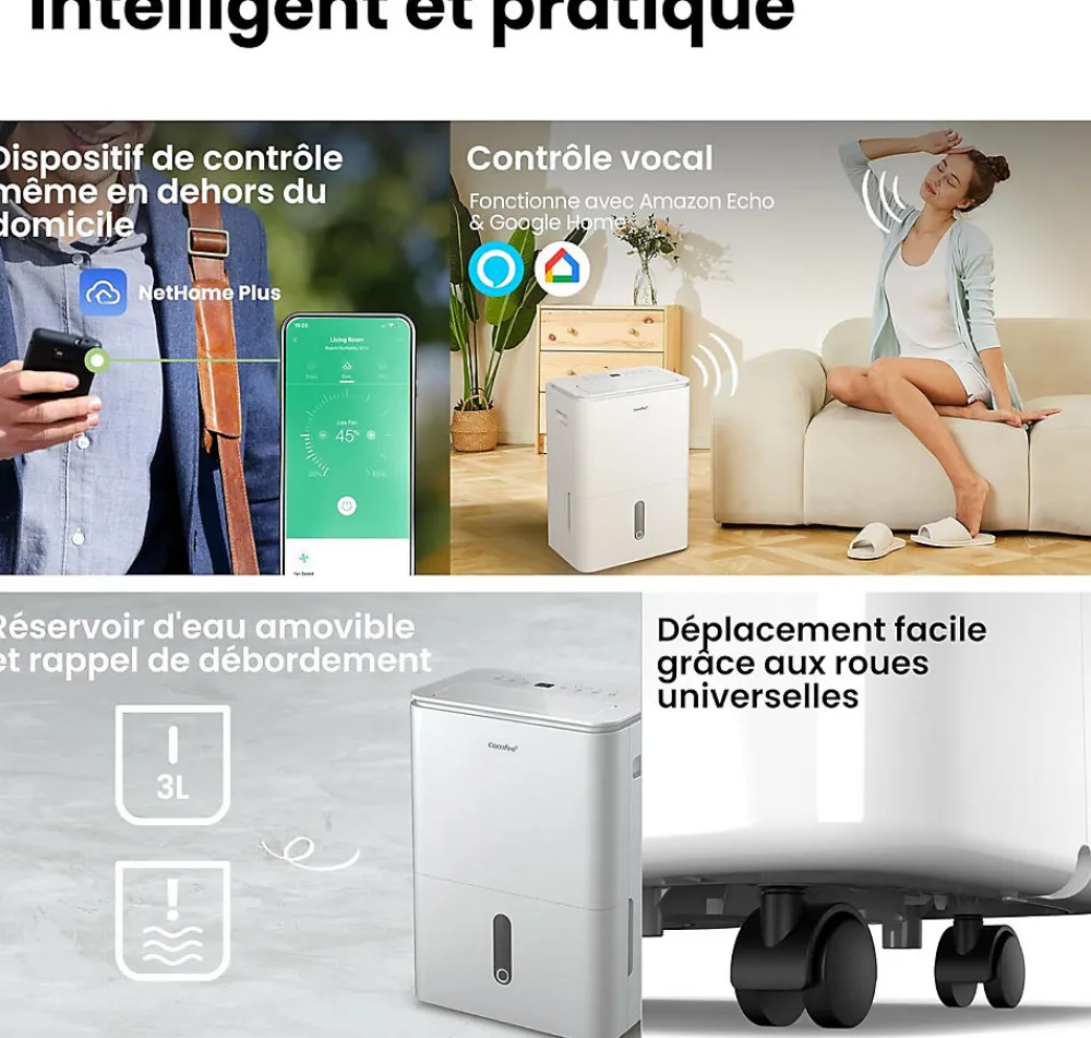 Déshumidificateur 2EN1,Elimine l'humidité jusqu'à 20LJour, Purification d'air avec ioniseur, 4 Modes, Fonction Air Swing>Nature Pro Hot