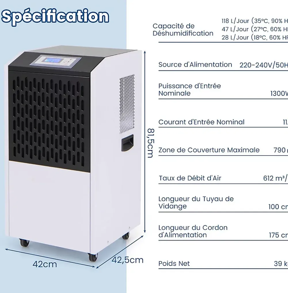 Giantex Déshumidificateur Industriel1300W,118L, Contrôle Humidité,avec 4 Roues, Minuterie 0-24H, pour Entrepôts et Caves* Déshumidificateur D'Air