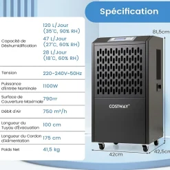 Giantex Déshumidificateur Industriel1300W,118L/Jour, Contrôle Humidité,avec 4 Roues,Minuterie 0-24H,pour Entrepôts et Caves 790 m² (Noir)* Déshumidificateur D'Air