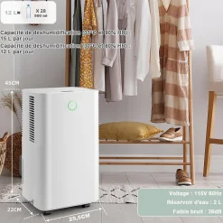 Déshumidificateur électrique 15L/Jour, 3 Modes, Minuterie 24H, 2 Vitesses du Vent, Réservoir d'Eau 2L, Blanc><noscript><img width=