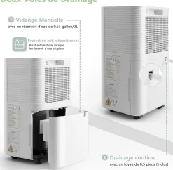 Déshumidificateur électrique 15L/Jour, 3 Modes, Minuterie 24H, 2 Vitesses du Vent, Réservoir d'Eau 2L, Blanc><noscript><img width=