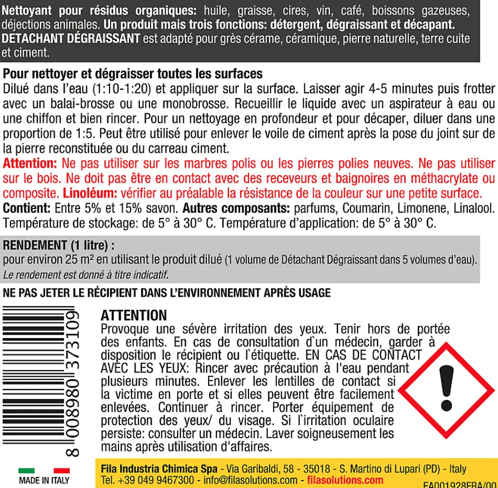 Fila Détachant dégraissant 1L pour sols* Nettoyant Pour Wc|Nettoyant Pour Cuisine