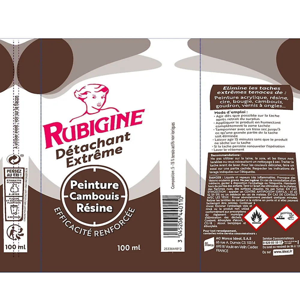 Rubigine Détachant extrême peinture, cambouis, résine 100ml* Entretien Du Textile
