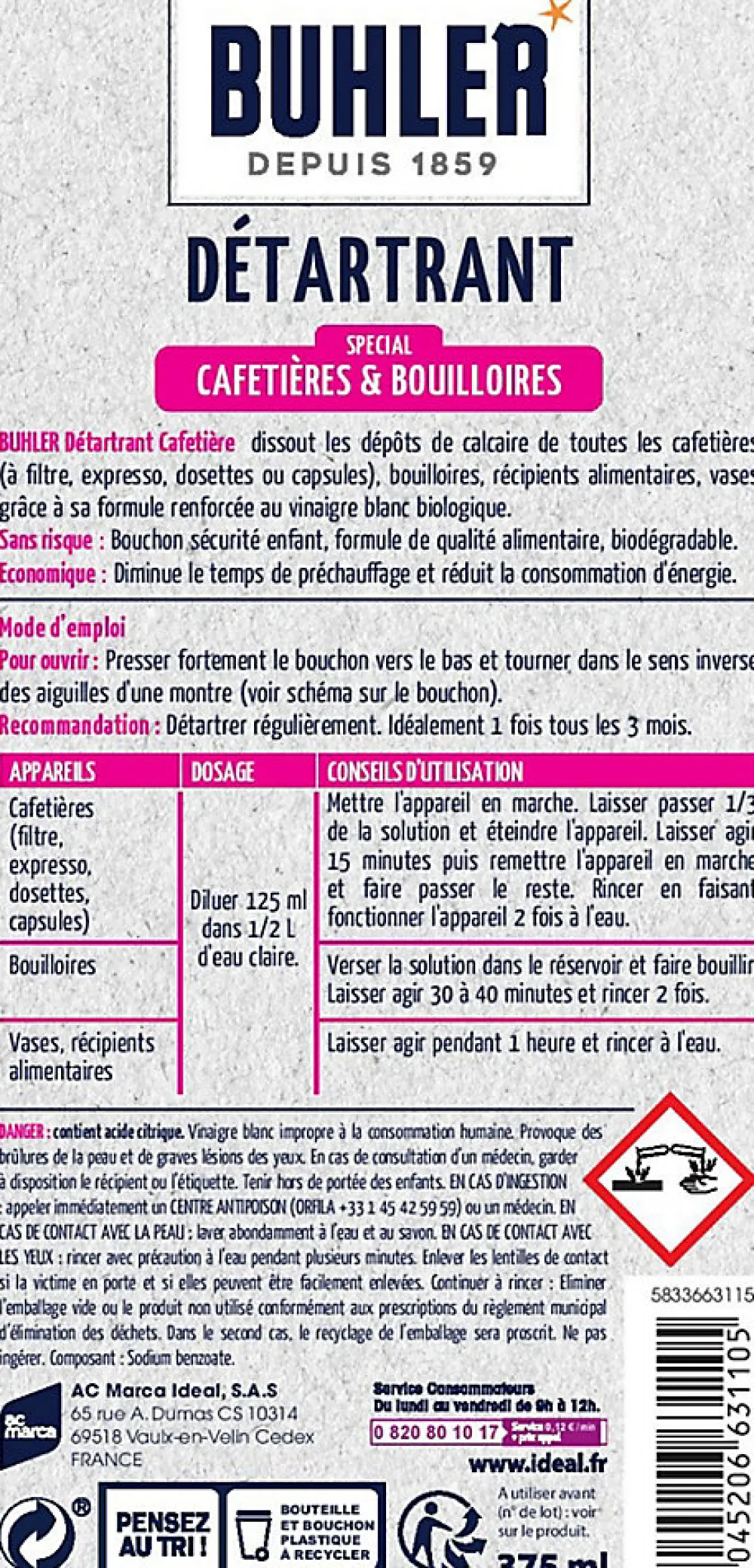 Détartrant spécial cafetières et bouilloires 375ml>BUHLER New