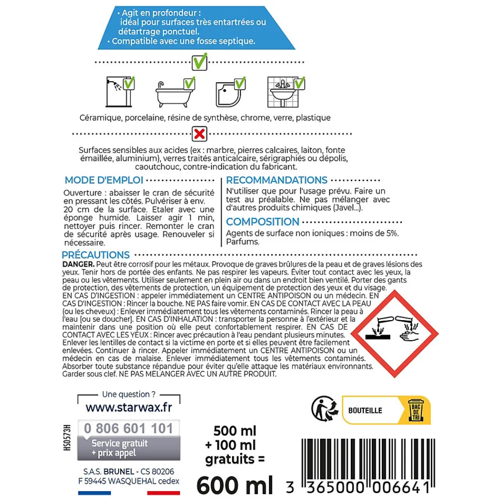 Détartrant surpuissant 500ml +20% gratuit>Starwax