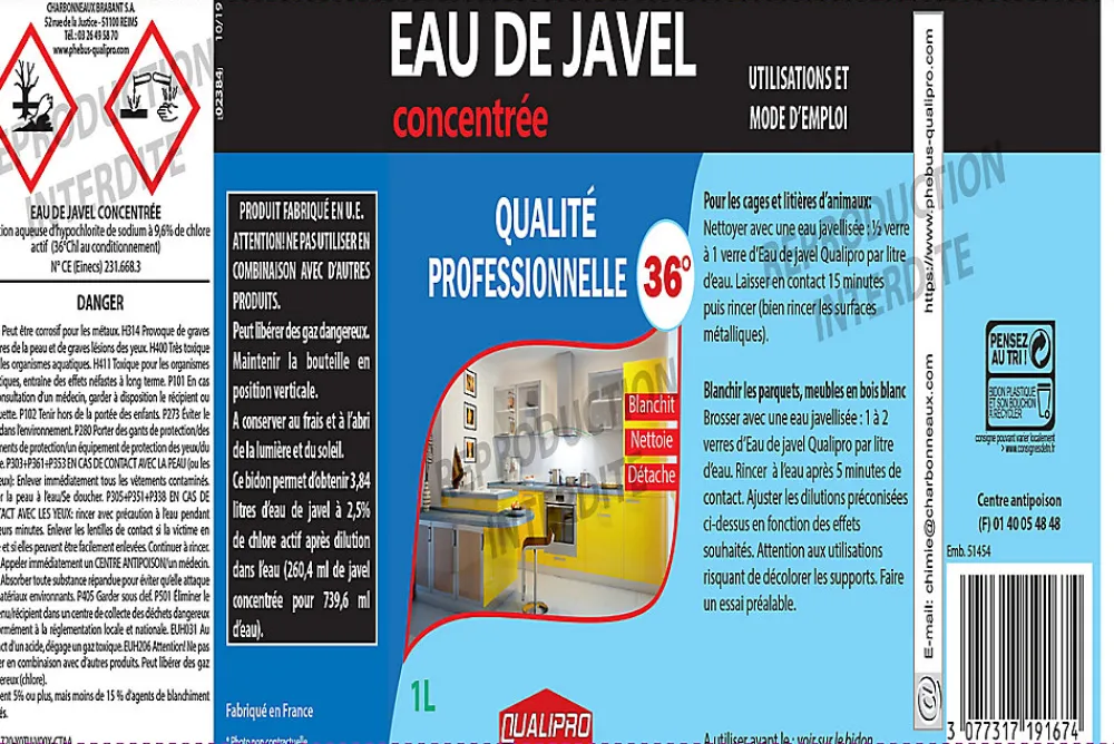 Eau de javel concentrée 9,6% 36° 1L>Qualipro New