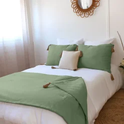Enjoy Home Edredon Panama avec pompons en jute (90x190 cm - Vert)* Boutis, Couvre-Lit, Édredon