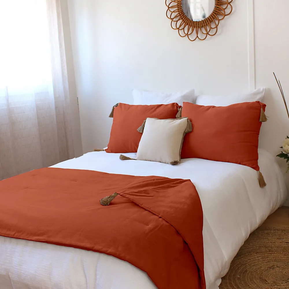 Edredon Panama avec pompons en jute (90x190 cm - Brique)>Enjoy Home Online