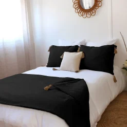 Home Maison Edredon Panama avec pompons en jute (90x190 cm - Noir)* Boutis, Couvre-Lit, Édredon