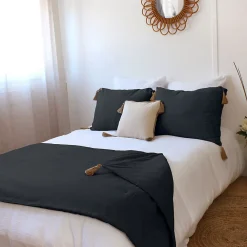 Edredon Panama avec pompons en jute (90x190 cm - Gris Foncé)>Enjoy Home Discount