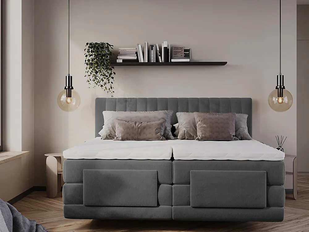 Ensemble complet boxspring tête de lit coutures verticales + sommiers relaxation électrique + matelas + surmatelas - 2 x 80 x 200>Vente-unique Clearance