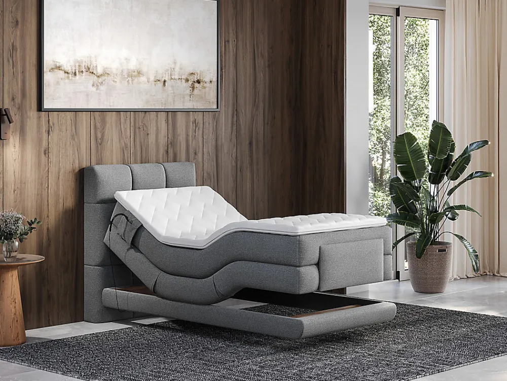 Vente-unique Ensemble complet boxspring tête de lit capitonnée + sommiers relaxation électrique + matelas + surmatelas - 100 x 200 cm - Tissu -* Lit Simple