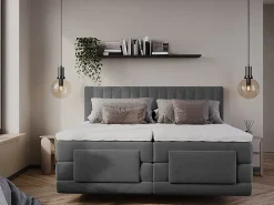Ensemble complet boxspring tête de lit coutures verticales + sommiers relaxation électrique + matelas + surmatelas - 2 x 90 x 200><noscript><img width=
