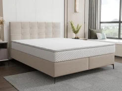 Ensemble complet boxspring tête de lit capitonnée + sommier + matelas + surmatelas - 180 x 200 cm - Tissu - Beige - INAO de YSMÉE><noscript><img width=