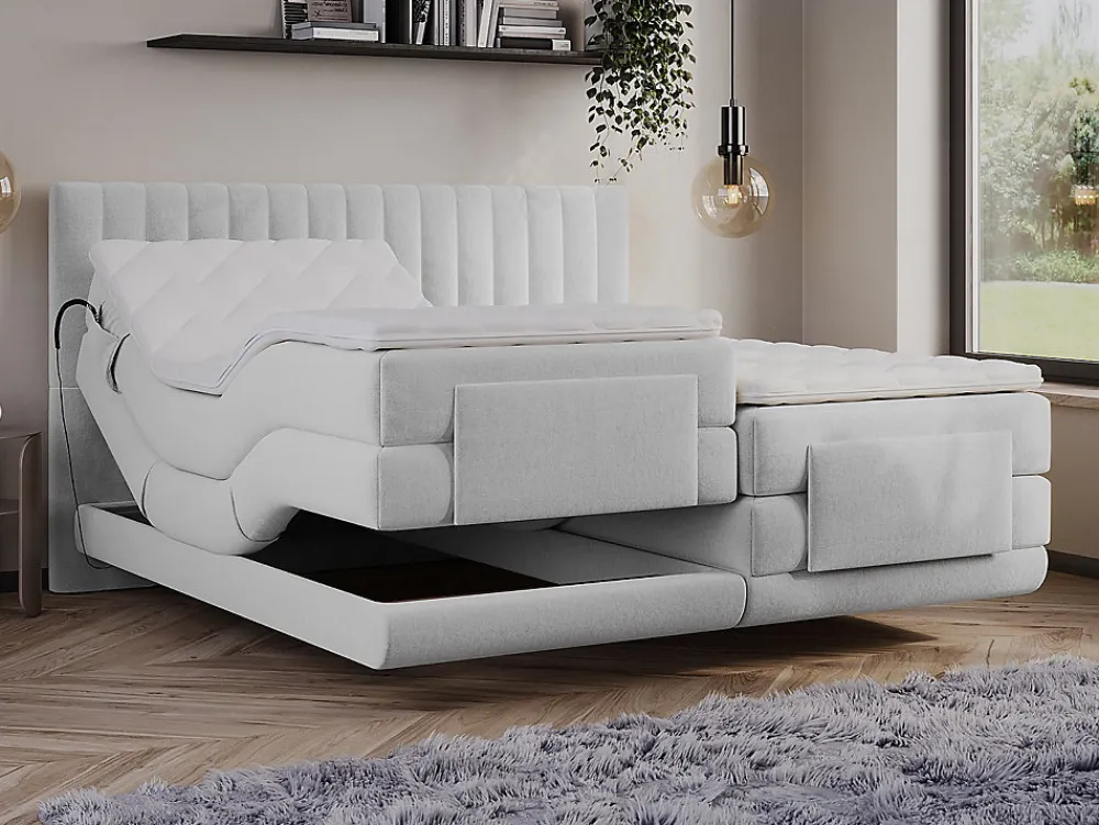 Ensemble complet boxspring tête de lit coutures verticales + sommiers relaxation électrique + matelas + surmatelas - 2 x 80 x 200>Vente-unique Online