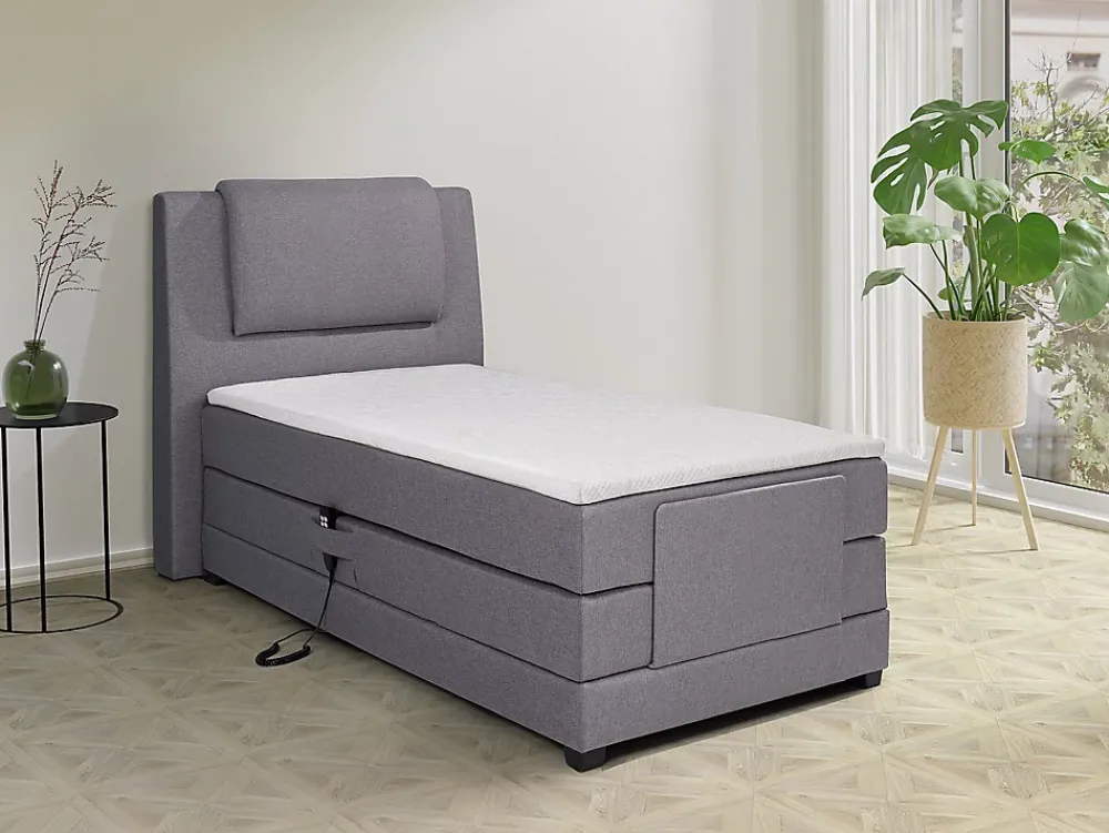 Vente-unique Ensemble complet boxspring tête de lit + sommiers relaxation électrique + matelas + surmatelas - 100 x 200 cm - Tissu - Gris clair* Lit Simple
