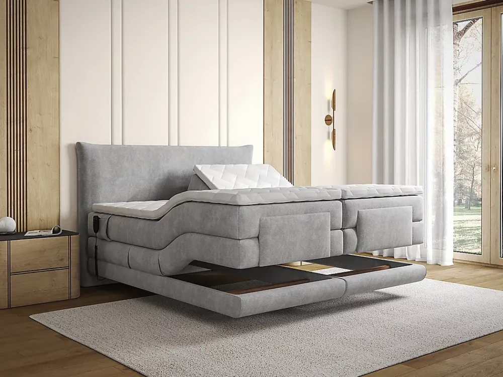Vente-unique Ensemble complet boxspring tête de lit + sommiers relaxation électrique + matelas + surmatelas - 2 x 90 x 200 cm - Tissu - Gris* Lit Double