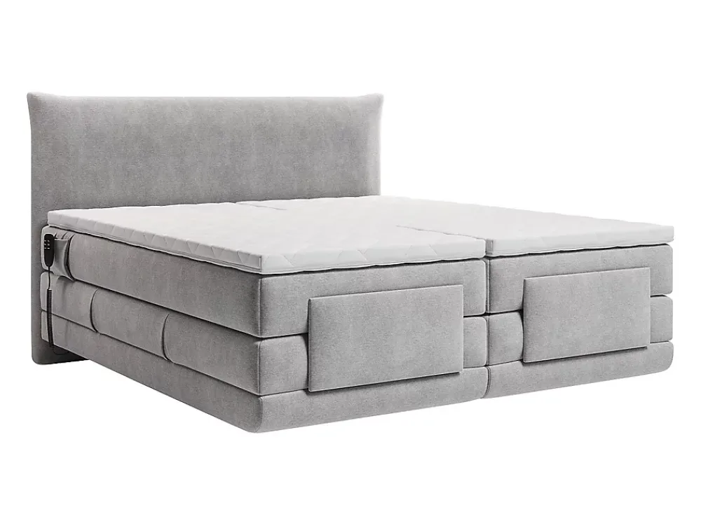 Vente-unique Ensemble complet boxspring tête de lit + sommiers relaxation électrique + matelas + surmatelas - 2 x 90 x 200 cm - Tissu - Gris* Lit Double