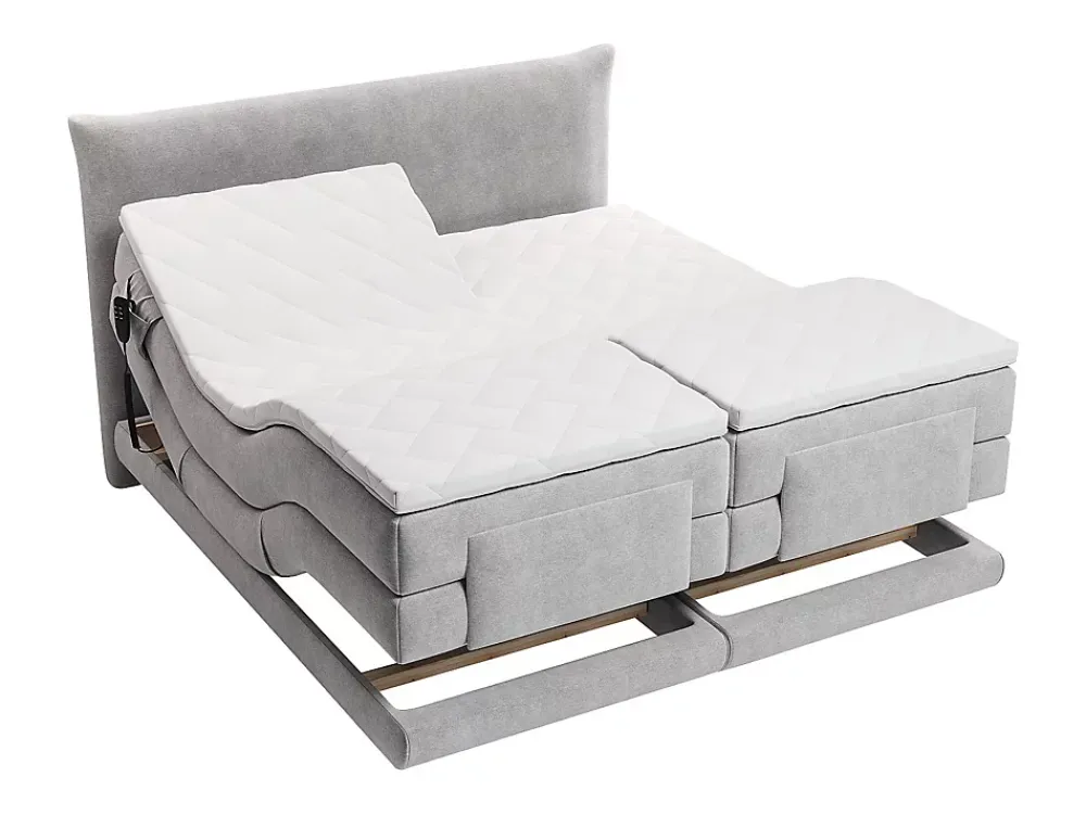 Vente-unique Ensemble complet boxspring tête de lit + sommiers relaxation électrique + matelas + surmatelas - 2 x 90 x 200 cm - Tissu - Gris* Lit Double