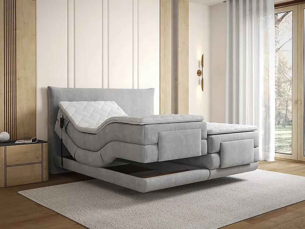 Vente-unique Ensemble complet boxspring tête de lit + sommiers relaxation électrique + matelas + surmatelas - 2 x 90 x 200 cm - Tissu - Gris* Lit Double