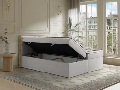 Ensemble complet literie déco tête de lit encadré bois + sommiers coffre + matelas + surmatelas - 160 x 200 cm - Tissu - Gris><noscript><img width=