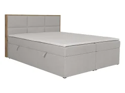 Ensemble complet literie déco tête de lit encadré bois + sommiers coffre + matelas + surmatelas - 160 x 200 cm - Tissu - Gris><noscript><img width=