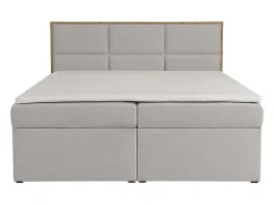 Ensemble complet literie déco tête de lit encadré bois + sommiers coffre + matelas + surmatelas - 160 x 200 cm - Tissu - Gris><noscript><img width=