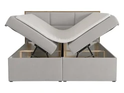 Ensemble complet literie déco tête de lit encadré bois + sommiers coffre + matelas + surmatelas - 160 x 200 cm - Tissu - Gris><noscript><img width=