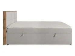 Ensemble complet literie déco tête de lit encadré bois + sommiers coffre + matelas + surmatelas - 160 x 200 cm - Tissu - Gris><noscript><img width=