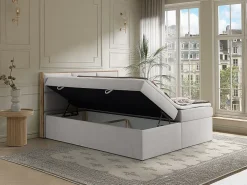 Vente-unique Ensemble complet literie déco tête de lit encadré bois + sommiers coffre + matelas + surmatelas - 180 x 200 cm - Tissu - Gris* Lit Avec Rangement