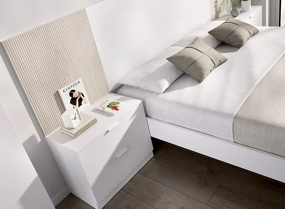 Ensemble de Tête de lit avec 2 tables de chevet de 2 tiroirs coloris imitation lamelles, blanc>Pegane Sale